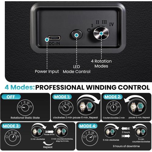 J&T Technology 4 Watch Winder with 6-Slots Watch Storage and Jewelry Drawer | 3-in-1 Storage System,Auto-Winding,Extra Storage,Jewelry Case,Japanese Quiet Motor with 4 Programmable Modes,LED Light