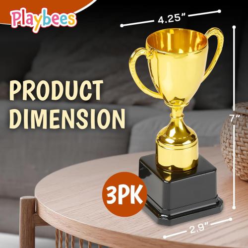 Playbees Fun Gold Plastic Trophies - 9 Pack - 7 Inch - Award Trophy Cup Set for Superstar Kids - Champion Celebrations, Sports Galore, and Victory Vibes - Desktop Toy