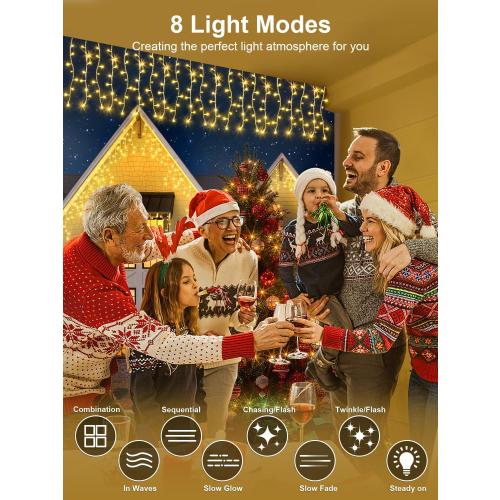 32.8FT Icicle Lights, Christmas Outdoor with 400LED 75 Drops, IP65 Waterproof Eaves Lights, 8 Modes, for Christmas Eaves Garden Room Decoration Warm White