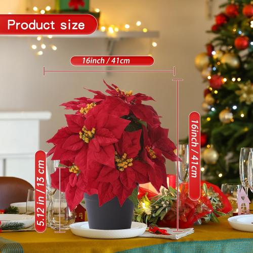 16“ Artificial Poinsettias Flowers for Outdoors Red Faux Christmas Poinsettia Plant 11 Heads Winter Flowers for Front Porch Garden Yard Patio Decor