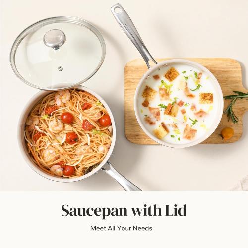 Redchef Ceramic Sauce Pan with Lid, 3.5QT Small Saucepan, Nonstick Cooking Pot with Stay-Cool Handle, Kitchen Non Toxic Soup Pot, PTFE & PFOA Free, Oven Dishwasher Safe, Compatible All Stovetops-Beige