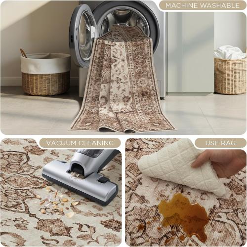 Joydeco Washable 2x6 Hallway Runner Vintage, Beige & Blue & Reddish-Brown