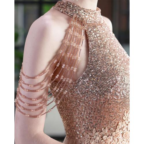 Size M Women Elegant Sequins Cocktail Dress Prom Ball Evening Gowns for Women Halter Wedding Dress Beaded Sleeve Mesh A Line Dresses