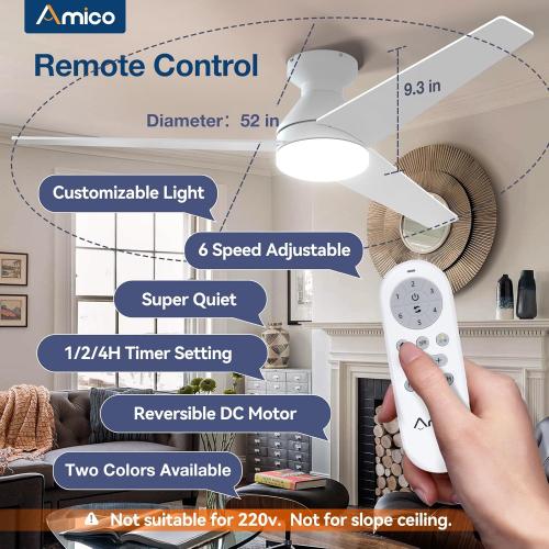 Amico Ceiling Fans with Lights, 52 inch Low Profile Ceiling fan with Light and Remote Control, Flush Mount, Reversible, 3CCT, Dimmable, Noiseless, White Ceiling Fan for Bedroom, Indoor/Outdoor Use