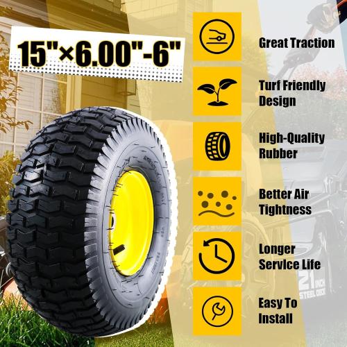 MZREXN 15x6.00-6 Lawn Mower Tires and Wheel Assembly, Front Tires Replacement, Compatible with John Deere & More Riding Mowers, 4 Ply Pneumatic, 3 Offset Hub, 3/4 Bearings, Tubeless, 2PCS