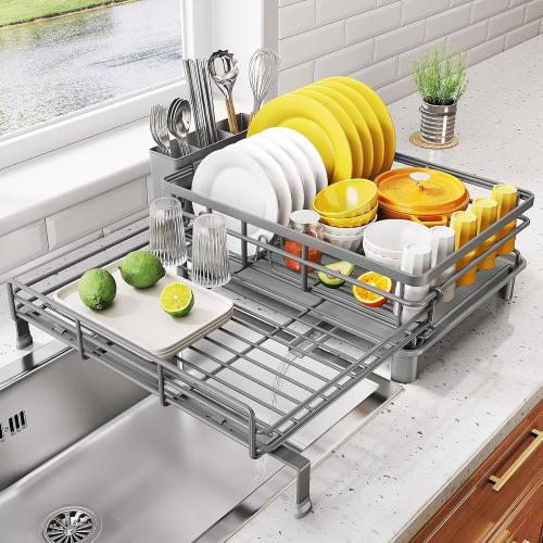 SNTD Dish Drying Rack - Extendable Dish Rack, Large Sink Drying Dish Drainer for Kitchen Counter, Stainless Steel Dish Strainer with Utensil Holder (Grey)