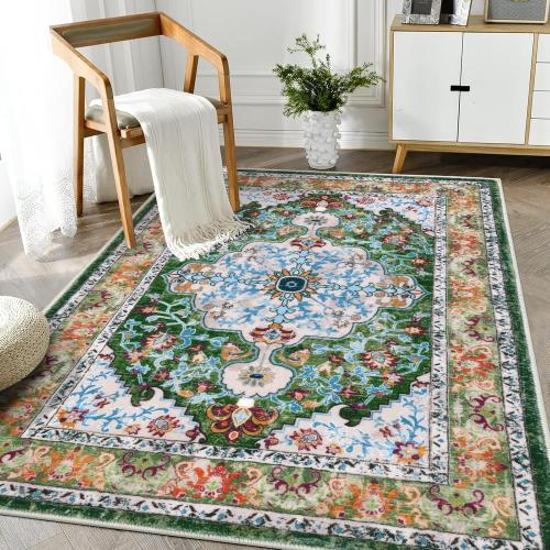 Green U'Artlines Boho Vintage Area Rug Machine Washable Low Pile Soft Floor Carpet Non Slip Non Shedding Accent Rug for Living Room Bedroom Entryway Dining Room Office Green