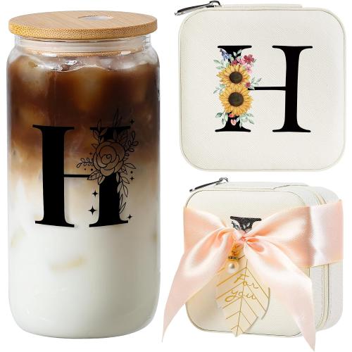 AYGXU Birthday Gifts for Women,Initial Glass Cup,Cute Tumbler Cup,bamboo lids for glass cups,Travel Jewelry Organizer,Teen Girls Gifts for Teenage Girls Birthday,Initial H white
