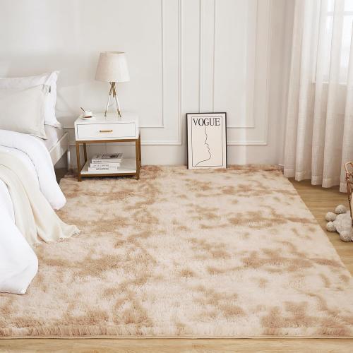 Litanika 4x6 Shag Area Rug for Living Room Bedroom, Tie-Dyed Beige High Pile Soft Plush Shaggy Furry Cream Bedside Playroom Dorm Carpet, Non-Slip, Non-Shedding Modern Indoor Floor Rug
