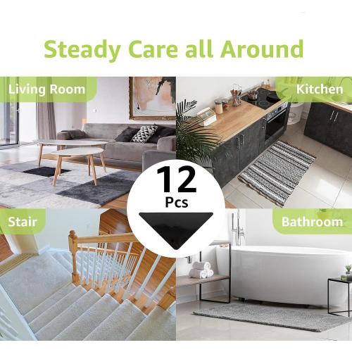 Rabenda 12 Pcs Rug Tape, Non Slip Rug Pads Grippers for Hardwood Floors and Tiles, Reusable Carpet Tape for Area Rugs, Double-Sided Adhesive Rug Stickers Keep Corners Flat (Black)