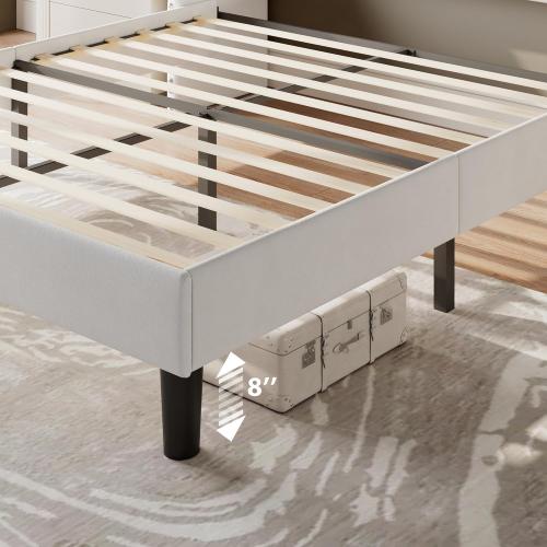 White Feonase Bed Frame with Velvet Luxury Wingback Upholstered Button Tufted Storage Headboard, Full Platform Bed with Charging Station, Sturdy Wooden Slats Support, Easy Assembly, White