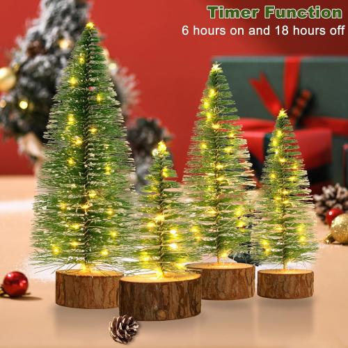 4 PCS Mini Christmas Trees, Artificial Bottle Brush Trees with 2 Modes Timer LED String Lights, Button Cell Battery Powered Desktop Small Pine Trees with Wooden Base for Home Xmas Decor (Warm White)