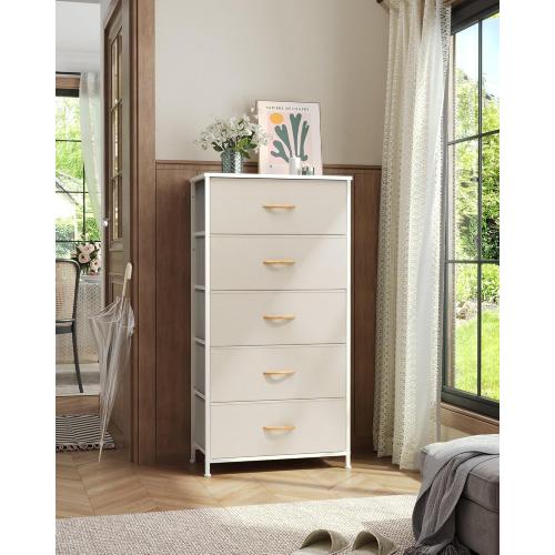 Crestlive Products Vertical Dresser Storage Tower - Sturdy Steel Frame, Wood Top, Easy Pull Fabric Bins - Wide Organizer Unit for Bedroom, Hallway, Entryway, Closets - 5 Drawers(Beige)
