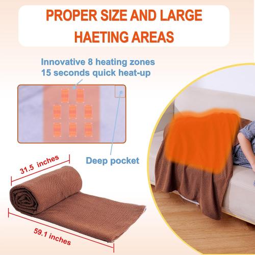 Portable Cordless Electric Heated Blanket Battery Operated, USB Heated Warming Wearable Wraps Blanket Shawl for Car, Home, Office, Travelling, Wireless Battery Heated Zipper Washable (Brown)
