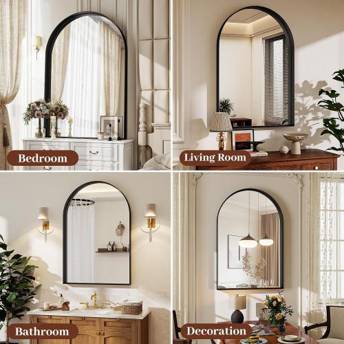24 x 36 Luxury Arched Bathroom Mirror - Arch Wall Mirror with Shatterproof Tempered Glass and Metal Deep Frame, Hanging or Leaning for Living Room, Dresser, Entrance and Hallway, Black