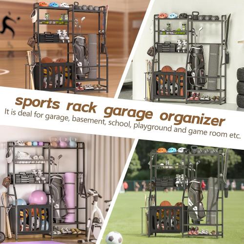 Faesun Garage Sports Equipment Organizer, Golf Bag Storage Rack, Heavy Duty Ball Holder with Basket & Hooks, Indoor/Outdoor Basketball Storage Bins for Toy Sports Gear Storage