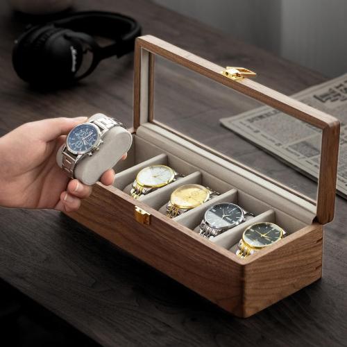 muso wood Watch Display Box, 5 Slot Watch Case for Men, Watch Organizer Box with Glass Lid, Watch Case with Removable Velvet Pillow, Father's Day Gift - 5 Slot, Walnut