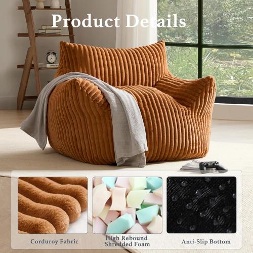 Size Giant Color Brown Plush Bean Bag Chair for Adults with Armrests - Oversized Comfy Orange Beanbag Lounge Lazy Floor Sofa Accent Chair for Living Room, Bedroom & Dorm, Cozy Fluffy Single Cloud Mini Couch