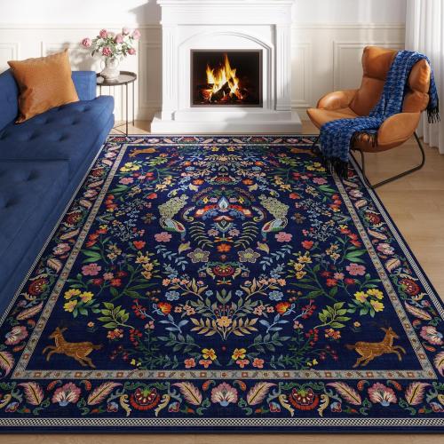 Rugcomf Area Rugs for Living Room Washable Rug Floral Non-Slip Large Rug for Living Room, Bedroom, Farmhouse, Dining Room, Kids Playroom(Blue)
