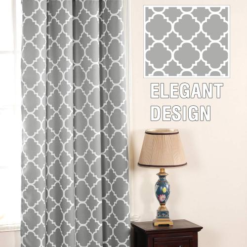 H.VERSAILTEX Blackout Curtains for Living Room/Bedroom Thermal Insulated Energy Saving Grommet Window Curtain Drapes (2 Panels) Geometric Moroccan Printed Draperies, Dove and White, 52 by 84 Inch