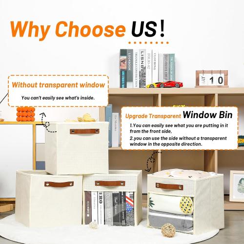 Cream and Brown HNZIGE 11 Inch Cube Storage Bin - Fabric Storage Organizer, Clear Canvas Collapsible Cubby for Home (Cream, 4 PCS)