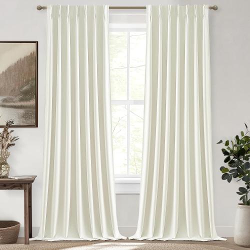 Cream White Blackout Drapes 96 Inches Long 2 Panels, Linen Room Darkening Fabric Thick for Bedroom Viral Pinch Pleated Window Curtains 96 Inches Long with Hooks Sound Deadening Insulated Thermal Cute