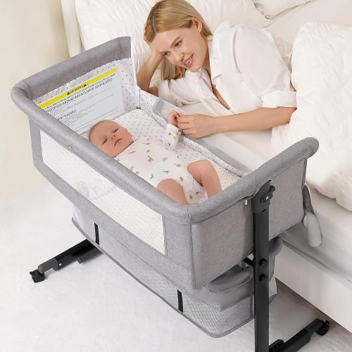 Semphis Baby Bassinet, 3 in 1 Bassinets Bedside Sleeper, Adjustable Height Bedside Sleeper with Rocking Mode, Breathable Mesh, Storage Basket, Wheels, Easy Assemble & Folding (Gray)