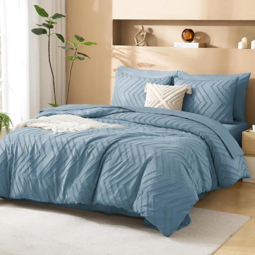 Litanika Grayish Blue King Size Comforter Set with Sheets - 7 Pieces Bed in a Bag King Chevron Tufted Complete Bedding Sets with Comforter, Sheets, Pillowcases & Shams