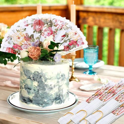 Geelin 50 Pcs Hand Lace Foldable Fans Bulk for Women with Organza Bag Lace Folded Hand European Retro Fan Bridal Dancing Prop Wedding Party Favors for Dancing Tea Party(Colored Rose,White)