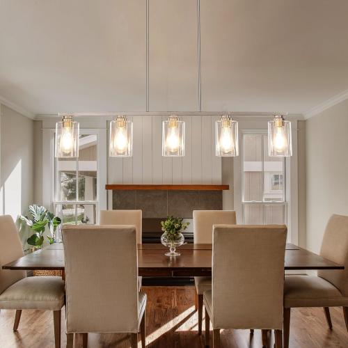 Island Light for Kitchen, Brushed Nickel Dining Room Light Fixture Over Table, 5-Light Linear Chandelier Pendant Lighting for Dining Table Kitchen Island Living Room