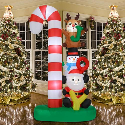 Christmas Inflatables Outdoor Decoration 8 FT Santa Claus Joy Reindeer Snowman Candy Cane Inflatable with LED Light Christmas Blow Up for Lawn Garden Holiday Party Yard Xmas Decor