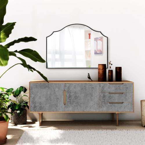 Besdomus Scalloped Arched Mirror for Mantel: 35x26 Black Modern Wooden Wall Mirror - Minimalist Decorative Dresser for Vanity/Bathroom/Bedroom/Fireplace/Living Room/Entryway - Stylish Home Decor