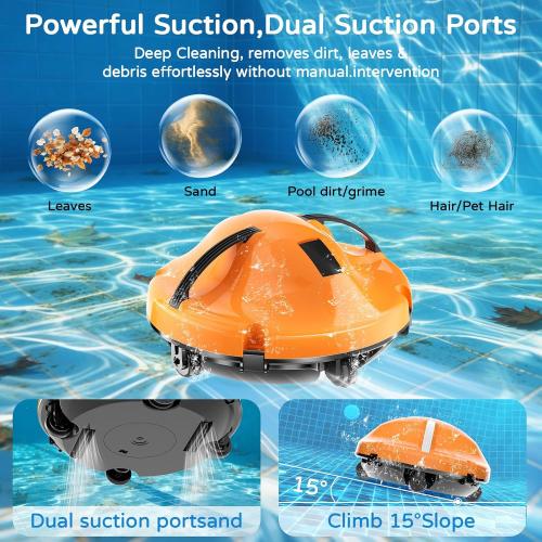 2026 New Cordless Robot Pool Vacuum, Automatic Pool Cleaner Robot with Dual-Motor, 130mins Runtime & Auto Parking Robotic Pool Vacuum for Above Ground Pool Up to 1100 Sq.Ft,JQR-V201,Orange ‼️comes with stains ‼️