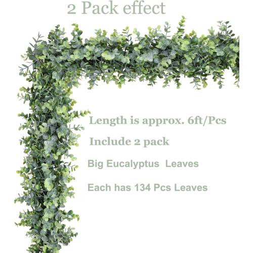 DearHouse Faux Eucalyptus Garland Plant, 2 Pack Artificial Vines Hanging Eucalyptus Leaves Greenery Garland for Wedding Backdrop Arch Wall Decor, 6 Feet/pcs UV Protected Indoor Outdoor