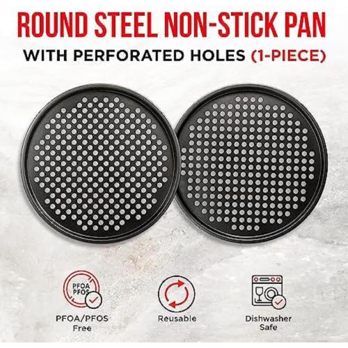 Bakken- Swiss Non-Stick Pizza Pan with Holes - 13-Inch Perforated Pizza Crisper Carbon Steel Pizza Pan - 2 Round Pizza Trays - PFOA PFOS and PTFE Free