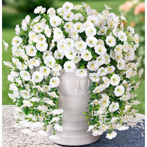 Artificial Faux Hanging Flowers Plants for Outdoor Decor,2 PCS Fake Silk Morning Glory with Eucalyptus UV Resistant Realistic Trailing Vines for Wall Home Porch Patio Balcony Yard Indoor Decor,White