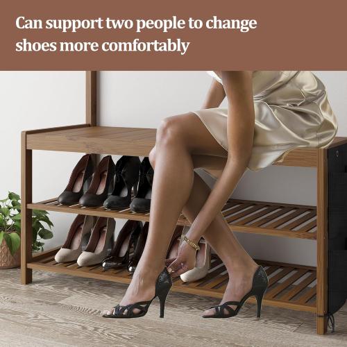 AMBIRD Hall Tree with bench and shoe storage, Entryway Bench with shoe storage, 6-in-1 Coat Rack with Cloth Bag and14 Coat Hooks, Sturdy Bamboo Frame, Large Size, Brown 39 * 15 * 70 Inches