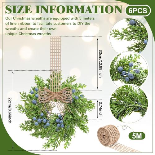 6 Pcs Artificial Blue Berry Mini Wreaths Small Vintage Kitchen Cabinet Wreath with Retro Burlap Ribbon for Farmhouse Rustic Front Door Window Wedding Bridal Shower Party Chair Wall Decor