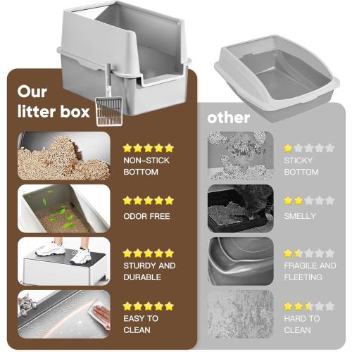 16 High Sides Stainless Steel Litter Box with Lid, XL XXL Extra Large Enclosed Metal Litter Box for Big Cats & Kitty, Never Absorbs Odors, Non-Sticky, Anti-Urine Leakage, Easy Cleaning