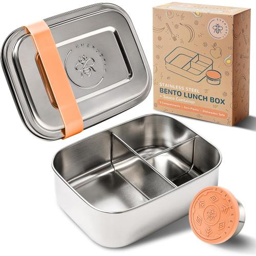 Everusely - Bento Box - Orange, 27oz / 0.8 L - Stainless Steel Lunch Box with Leakproof Condiment Container - 3 Compartment Snack Organizer for On the Go Meals - Freezer & Dishwasher Safe