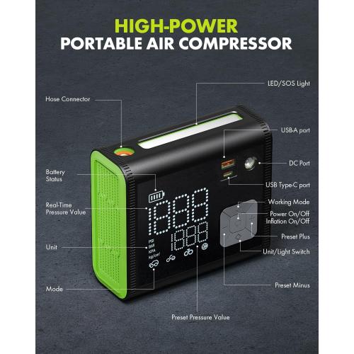 Color Green Anykit Tire Inflator Portable Air Compressor, 150PSI 4X Fast (Dual Cylinder) Inflation Air Pump with Digital Pressure Gauge, 12000mAh Electric Cordless Tire Pump for Truck, Car (Green)