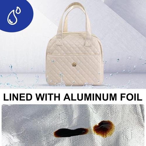 Insulated Lunch Bag for Women Men, PU Leather Lunch Tote Bag for Women Aesthetic Lunch Box Bag Thermal Bento Cooler Bag Sack Food Handbags for Work Office Picnic Travel (Beige)