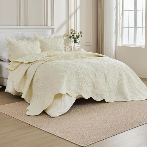 Kingnex Oversized King Bedspreads 128x120 for Extra Wide Tall King or Cal King Bed Ultrasonic Quilted Coverlet Set 3 Piece Include 1 Quilt 2 Pillowcases Cream