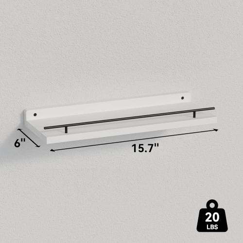 Set of 3 Color Black and White WOPITUES Floating Shelves with Black Metal Guardrail, Shelves for Wall Decor Set of 3, Wall Shelves for Bedroom, Bathroom, Kitchen, Living Room, Plants, Picture Frames, Art- Black and White