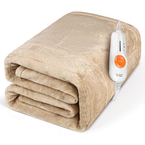 Gintao Electric Heated Blanket Throw,Double Flannel Electric Throw with 3 Heating Levels, 4H Auto Off Overheat Protection Heating Blanket for Home Office,Detachable Hat&Snap Button,Gift,50x60,Beige