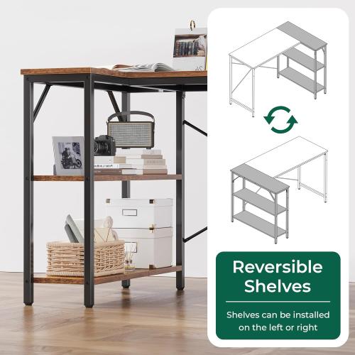 Huuger 47 Inches L Shaped Desk, Computer Desk with Reversible Storage Shelves, for Gaming Corner Home Office Writing Study, Metal Frame, Rustic Brown
