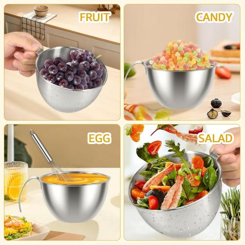 Stainless Steel Mixing Bowl, 3 Sizes Nesting Bowl with Handle & Capacity Scale, Stackable Mixing Bowls, Nesting Whisking Bowl Set, Kitchen Food Storage Organizer for Cooking Baking Salad Prep
