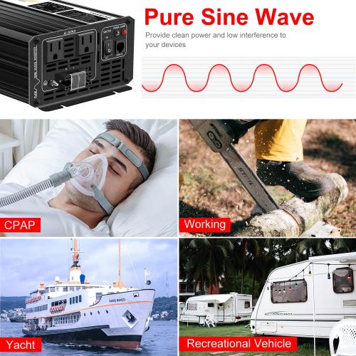 Black Xijia Pure sine Wave Inverter 2000W 48 Volt dc to 120 Volt ac Inverter (Peak Power 4000W) rv Converter 60HZ with Soft Start for car &Camping (DC48V (Range 40V-60V) 2000W)