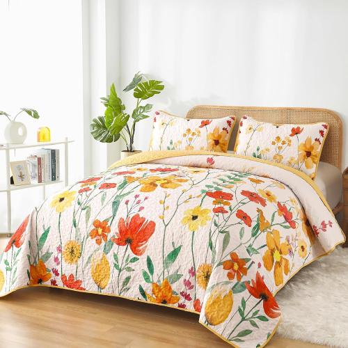 Anibedding Quilt Set Queen Size, Yellow Floral Reversible Bedspread Soft Microfiber Lightweight Queen Size Quilt Bedding Sets Reversible Coverlet for All Season(Queen, 96x90)