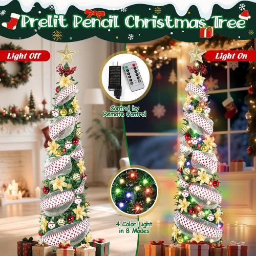 6Ft Prelit Pop Up Pencil Christmas Tree Decorations, Collapsible Artificial Christmas Tree with Lights, Foldable Pre Decorated with Ribbon Ornaments, Indoor Home Holiday Party Christmas Decorations